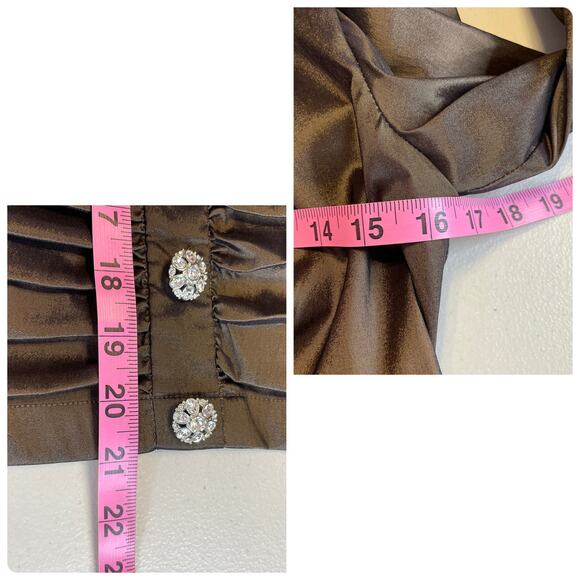 Tadashi Brown Taffeta Ruched Rhinestone Buttons Long Sleeve Formal Blouse 4 - Picture 11 of 11